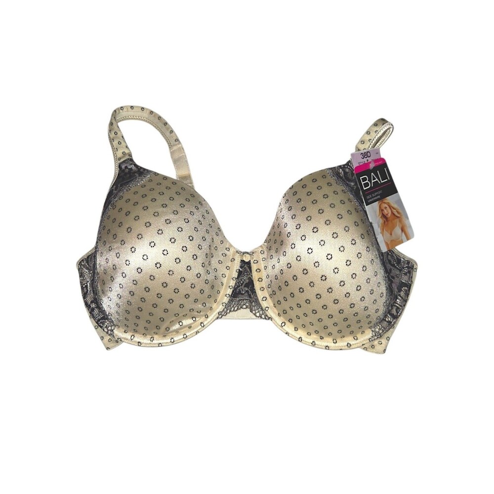 BALI ONE SMOOTH U SIDE SUPPORT FULL BRA 38D BLACK LACE WHITE W BLACK POLKA DOT